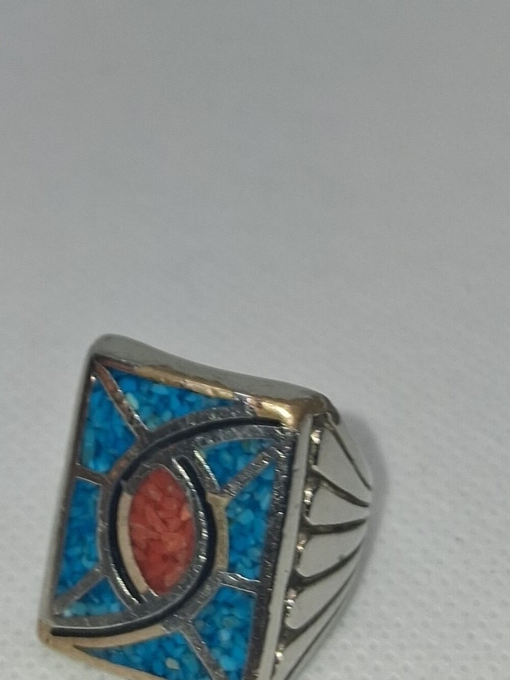Sterling Silver Turquoise and Coral Inlay Statement Ring - Blue & Orange
